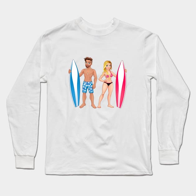 Surfers boy and girl Long Sleeve T-Shirt by ddraw